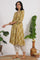 Green Paisley Printed Cotton Crepe Gathered Kurta with Mirror Embroidery