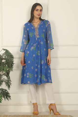 Blue Chiffon Floral Printed Gathered Kurta