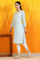 Light Blue Printed Pure Cotton Straight Kurta with Embroidery