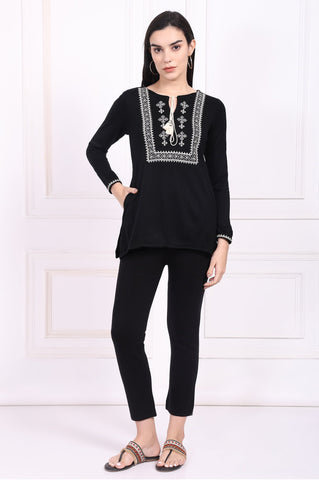 Black Embroidered Straight Acrylic Tunic