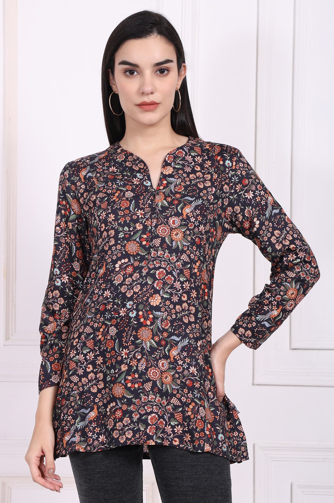 Navy Blue Floral Printed A-Line Rayon Tunic