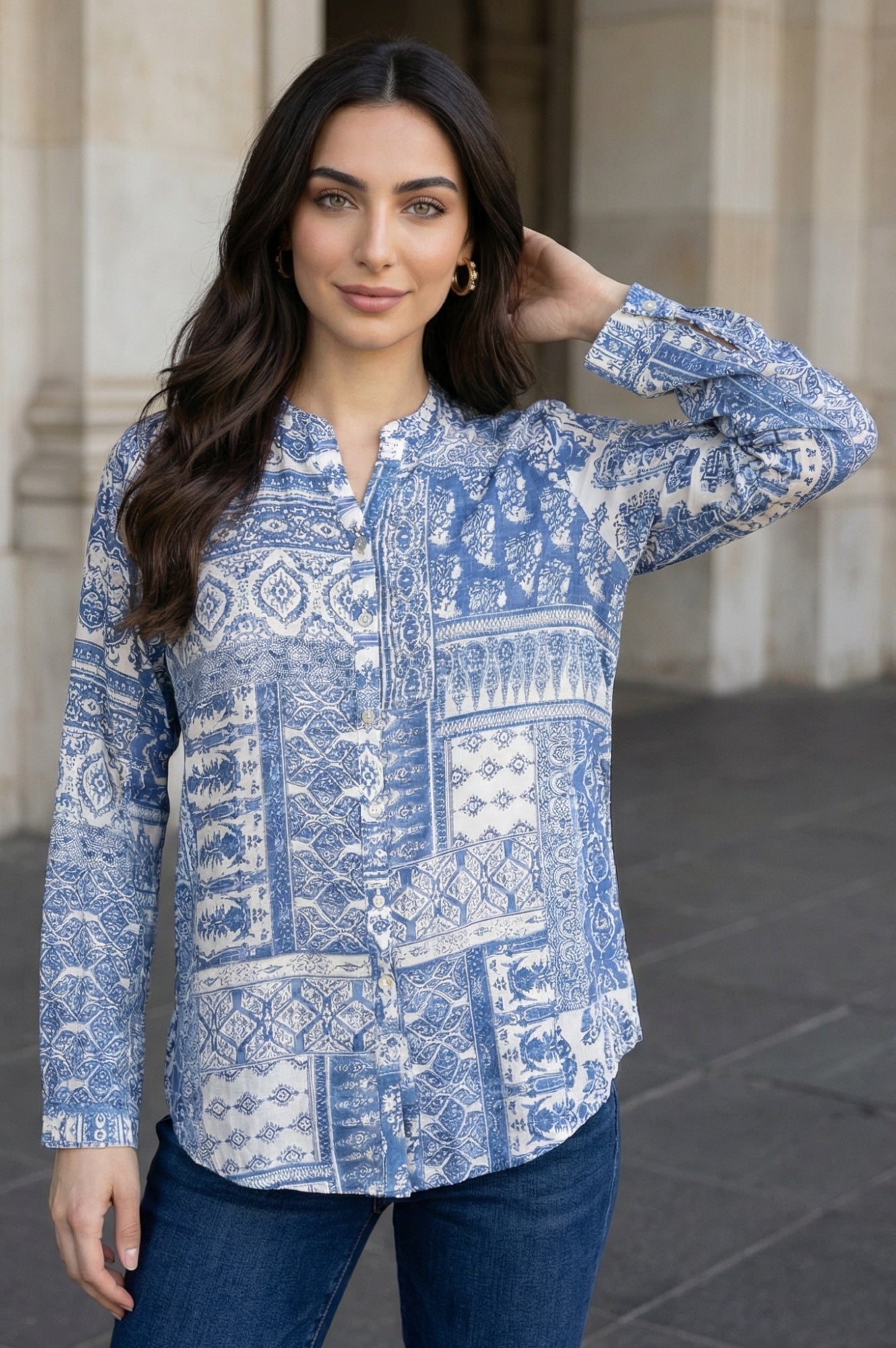 Blue Geometric Printed Straight Shirt