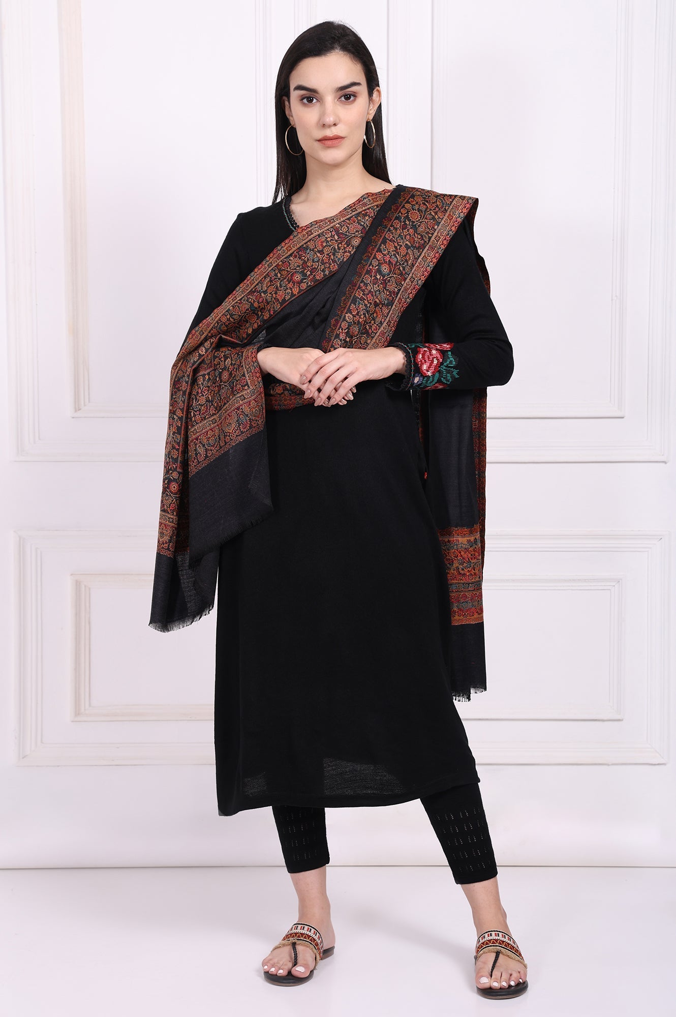 Black Ethnic Motifs Paisley Wool Shawl