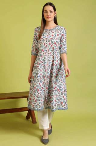 Light Blue Floral Printed Pure Cotton Flared Kurta and Pants Set