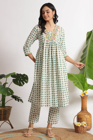 White Lotus Printed Pure Cotton Gathered Kurta and Pants Co-ord Set