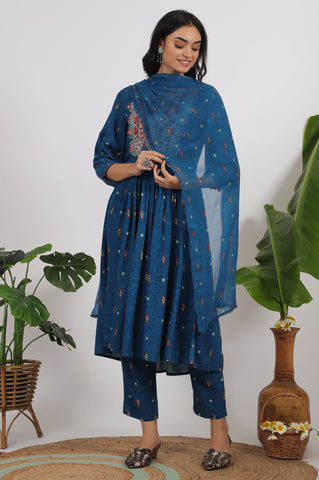 Teal Blue Embroidered Yoke Gathered Rayon Kurta, Straight Pants and Dupatta Set