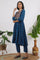 Teal Blue Embroidered Yoke Gathered Rayon Kurta, Straight Pants and Dupatta Set