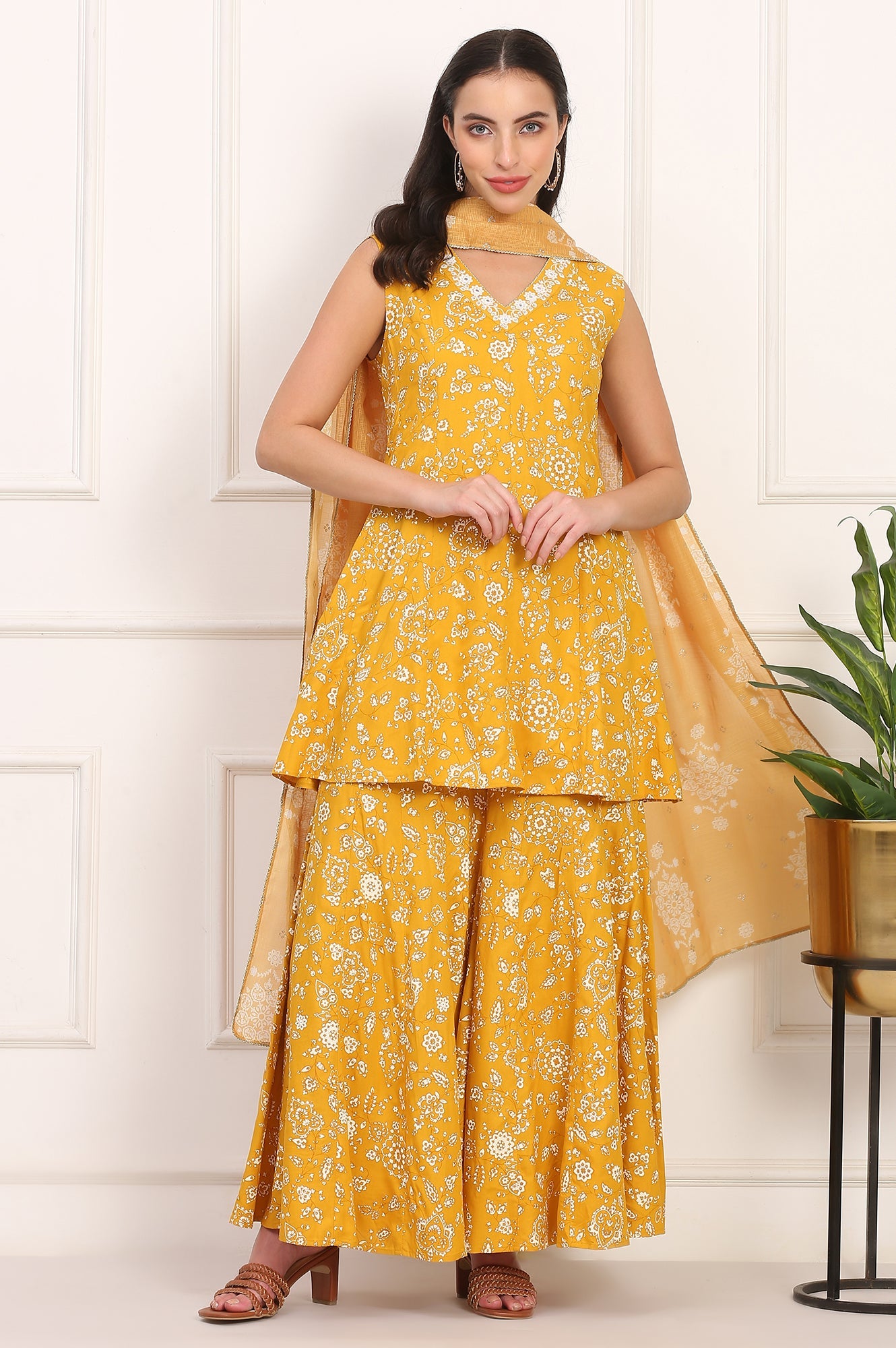 Mango Yellow Floral Printed Embroidered Neck Flared Kurta, Sharara and Dupatta Set