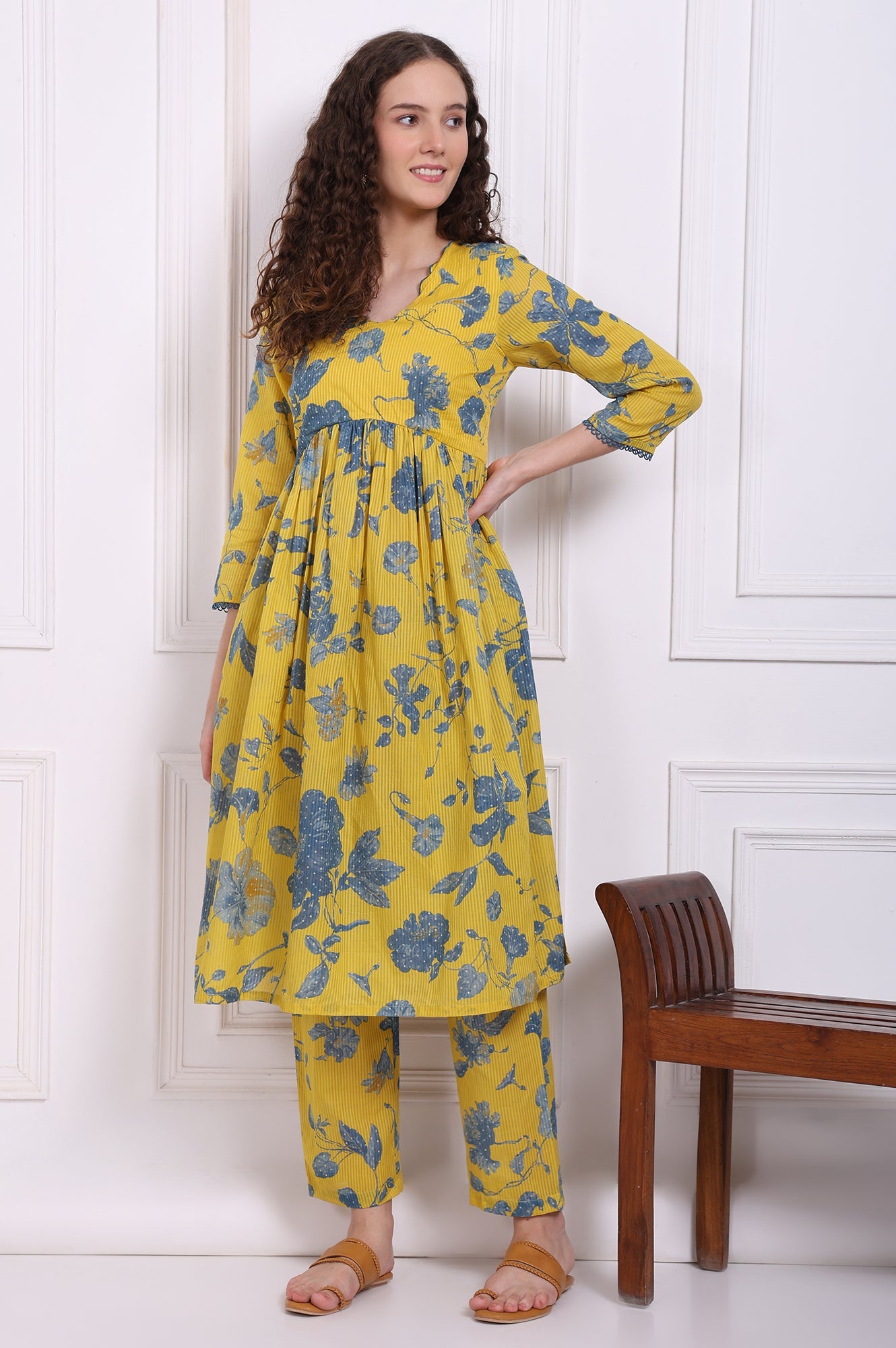 Yellow Bold Floral Printed Pure Cotton Flared Kurta and Pants Co-ord Set