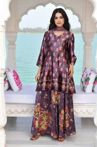 Charcoal Floral Print Beaded Flared Satin Kurta with Culotte and Dupatta Set