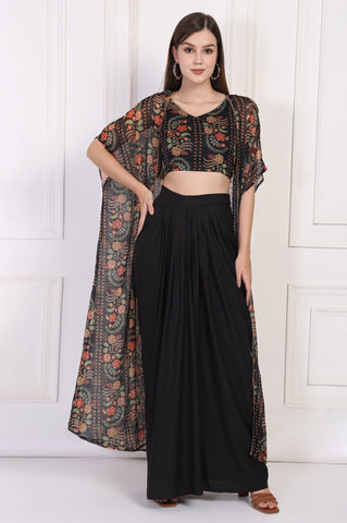 Black Floral Printed Embellished Georgette Crop Top with Cape and Skirt Set