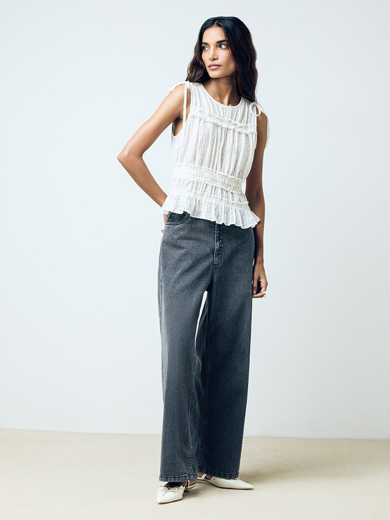 LOV Off-White Smocked Cotton Top