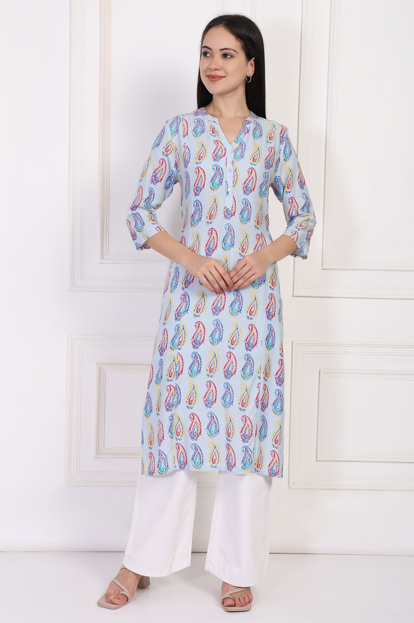 Blue Paisley Printed Straight Rayon Kurta