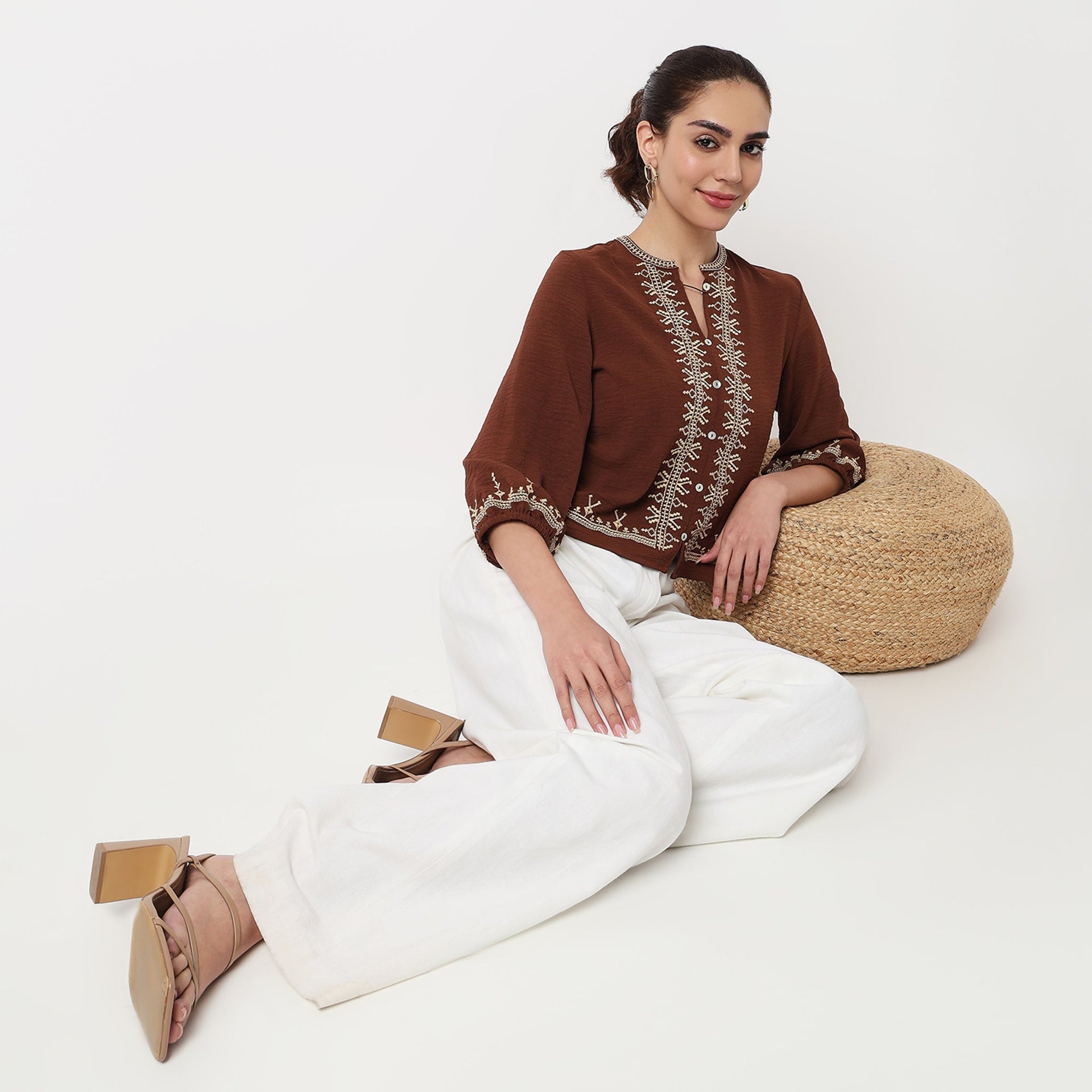 Embroidered Round Neck Top