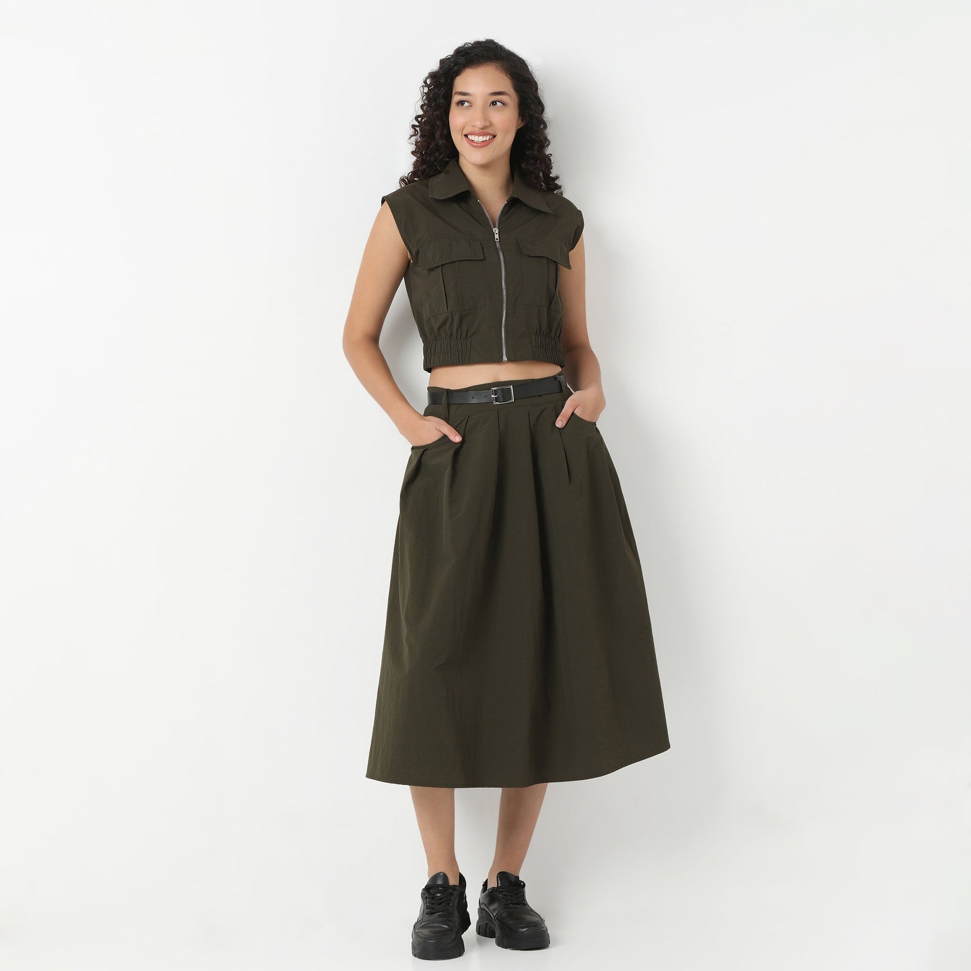 Betty Olive Midi Skirt With Belt Detailing At Waist