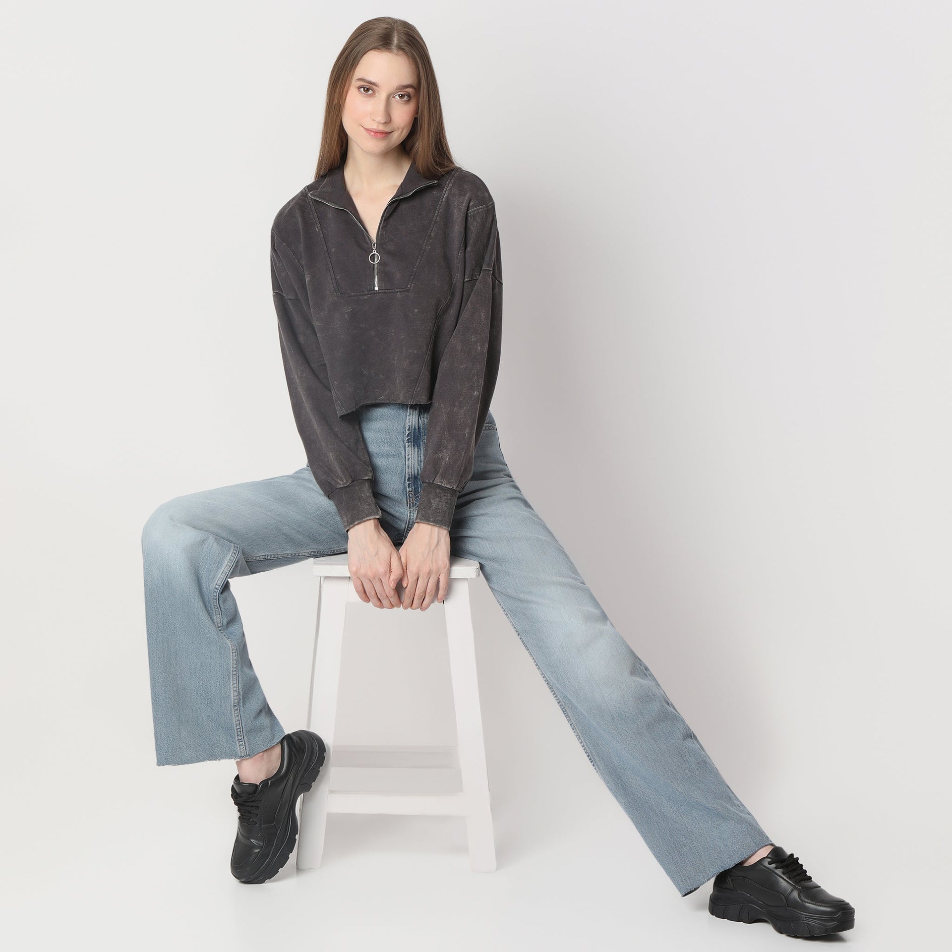 Boxy Fit  Cropped Sweat Tee With Quarter Zipper Opening At Neck