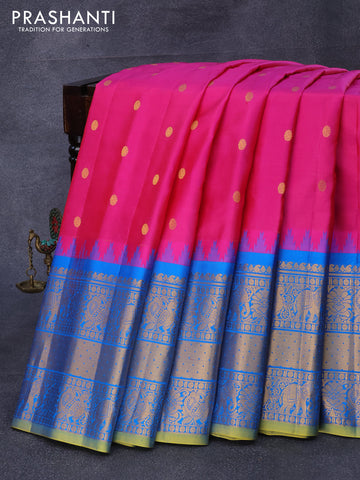 Pure gadwal silk saree pink and cs blue with zari woven buttas and temple design long zari wove border