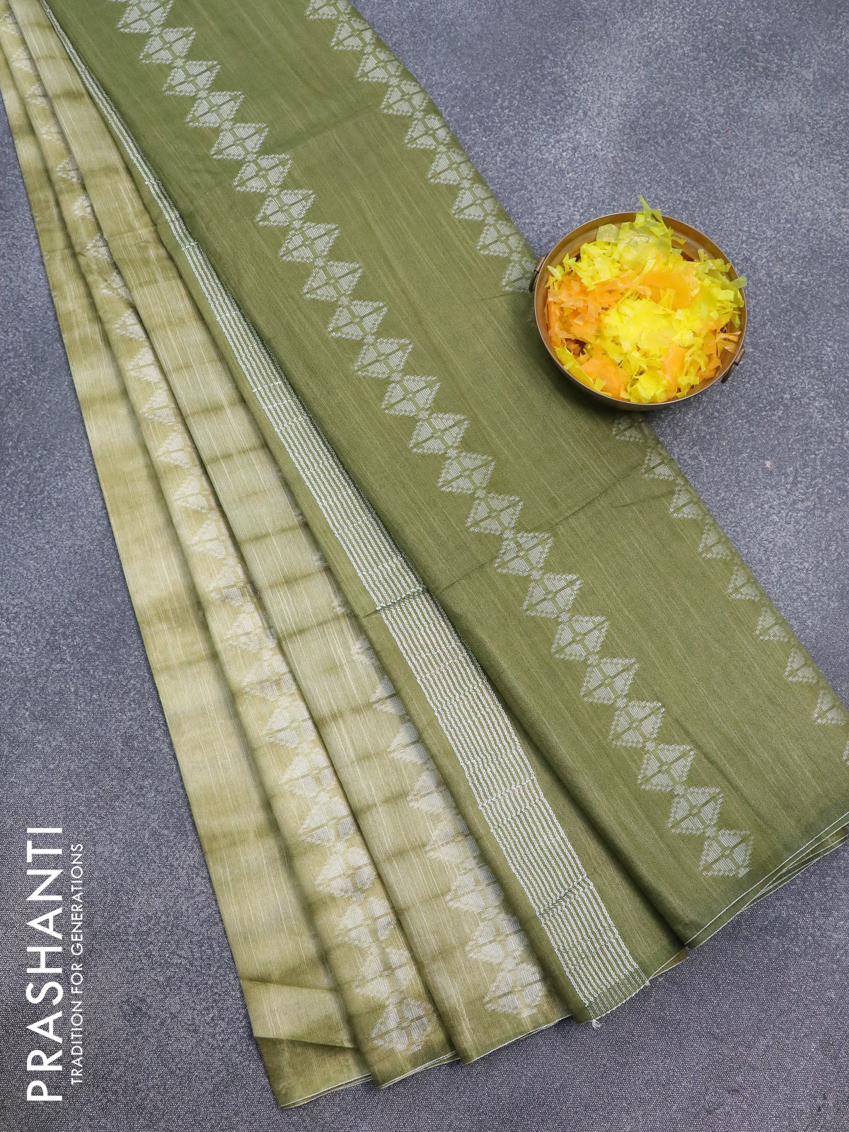 Bamboo silk saree elaichi green and sap green with allover tie & dye prints & thread weaves in borderless style