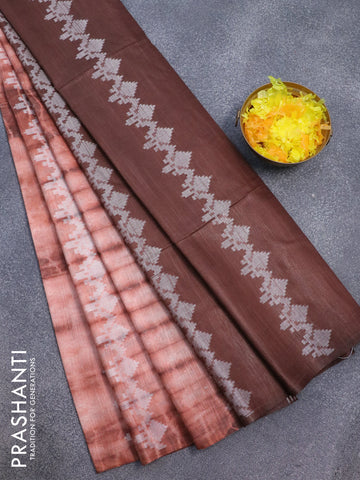 Bamboo silk saree peach shade and rust brown with allover tie & dye prints & thread buttas in borderless style