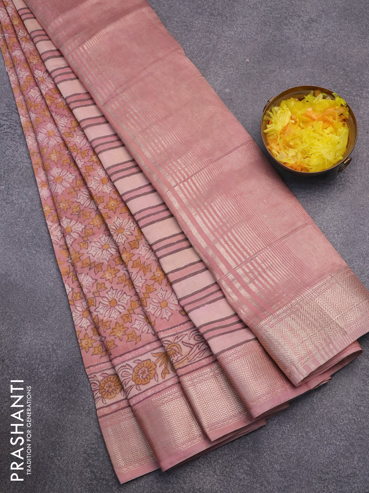 Semi gadwal saree pastel pink with allover floral prints and zari woven border