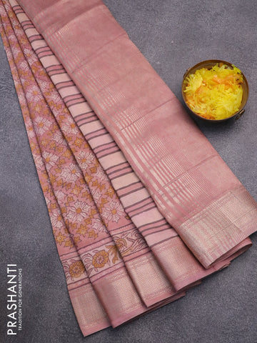 Semi gadwal saree pastel pink with allover floral prints and zari woven border