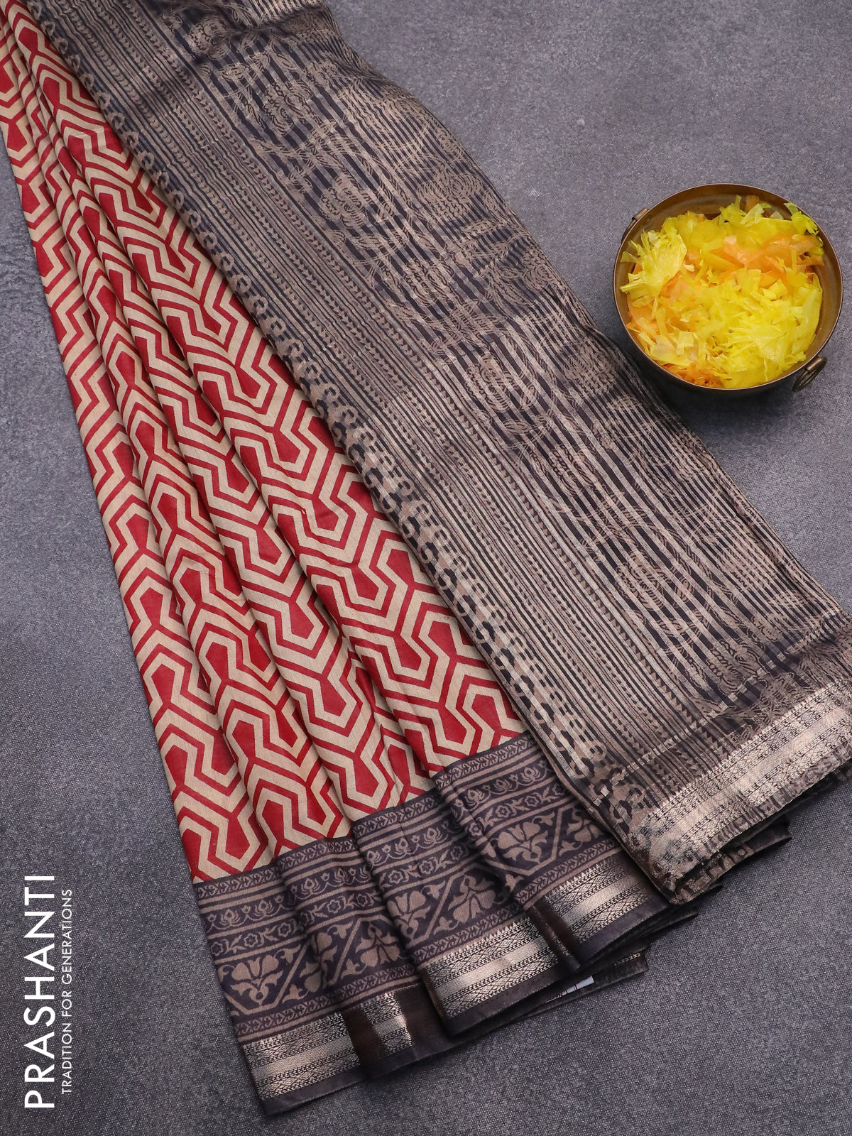 Semi gadwal saree beige maroon and black with allover geometric prints and zari woven border