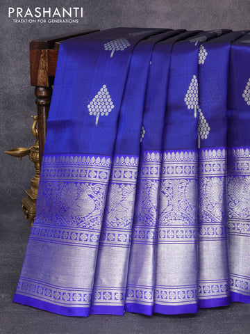 Venkatagiri silk saree dark blue and royal blue with silver zari woven geometric buttas and long annam silver zari woven border