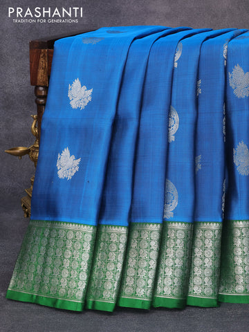 Venkatagiri silk saree cs blue and green with silver zari woven buttas and rich zari woven border