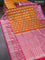 Venkatagiri silk saree dual shade of mustard yellow and pink with allover floral silver zari woven weaves and long peacock design silver zari woven border