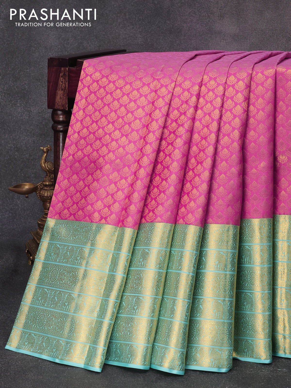 Pure kanjivaram silk saree pink and teal blue with allover zari woven brocade weaves and long rich zari woven border