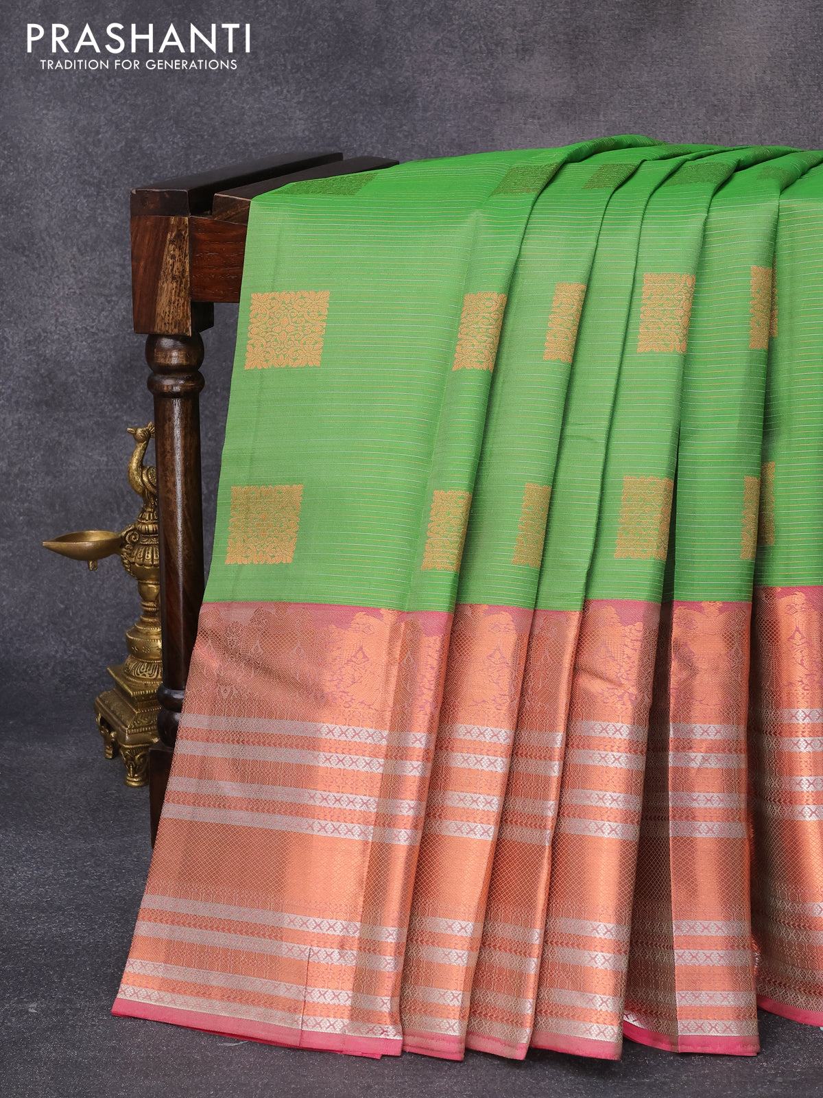 Pure kanjivaram silk saree green and pink with allover silver & copper zari woven stripe & buttas and long rich zari woven border