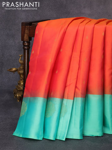 Pure kanjivaram silk saree dual shade of orange and dual shade of teal green with zari woven buttas and zari woven butta border