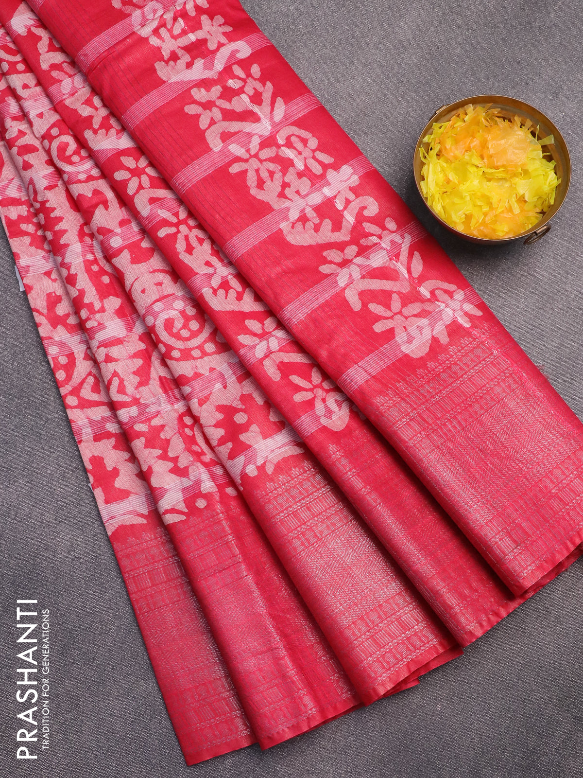 Semi tussar saree pink with allover batik prints and long silver zari woven border