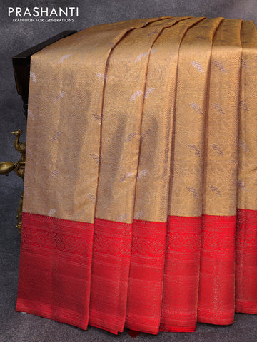 Pure kanjivaram tissue silk saree dual shade of greyish gold and pink with allover zari woven floral brocade weaves and long zari woven border