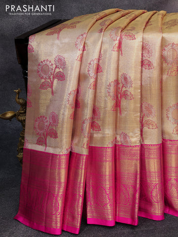 Pure kanjivaram tissue silk saree cream and pink with allover floral zari woven buttas and long rich zari woven border