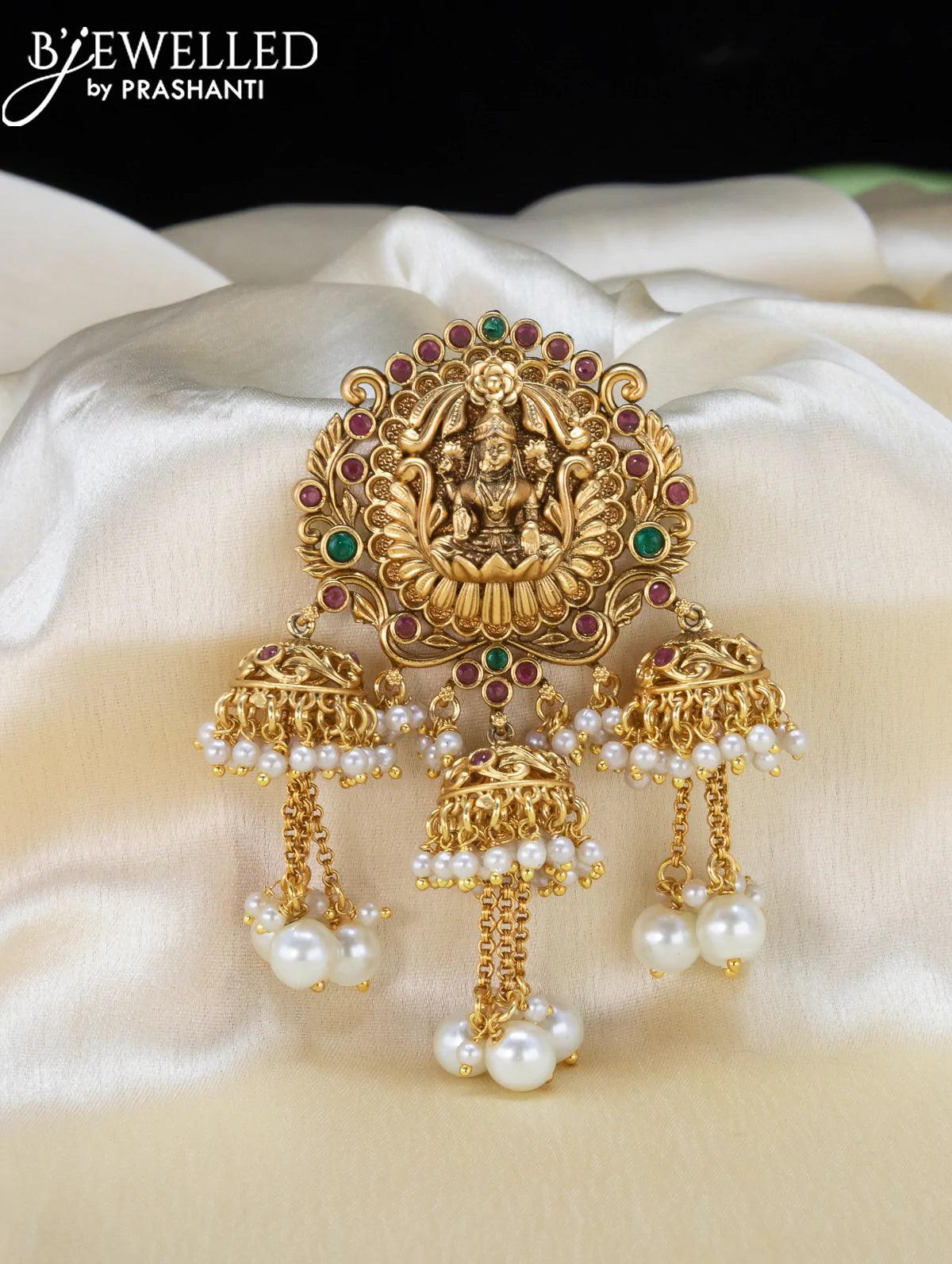 Antique jada billai lakshmi design with kemp stones and pearl hangings