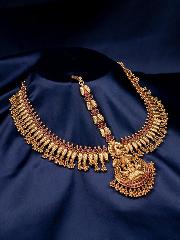 Antique lakshmi design maang tikka with kemp stone and golden beads hanging