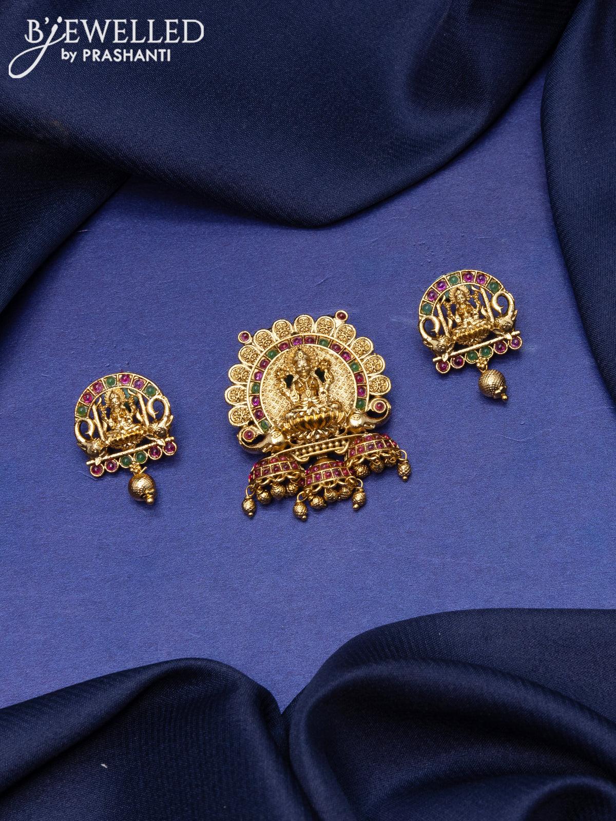 Antique pendant set lakshmi design with kemp stones and golden beads hangings