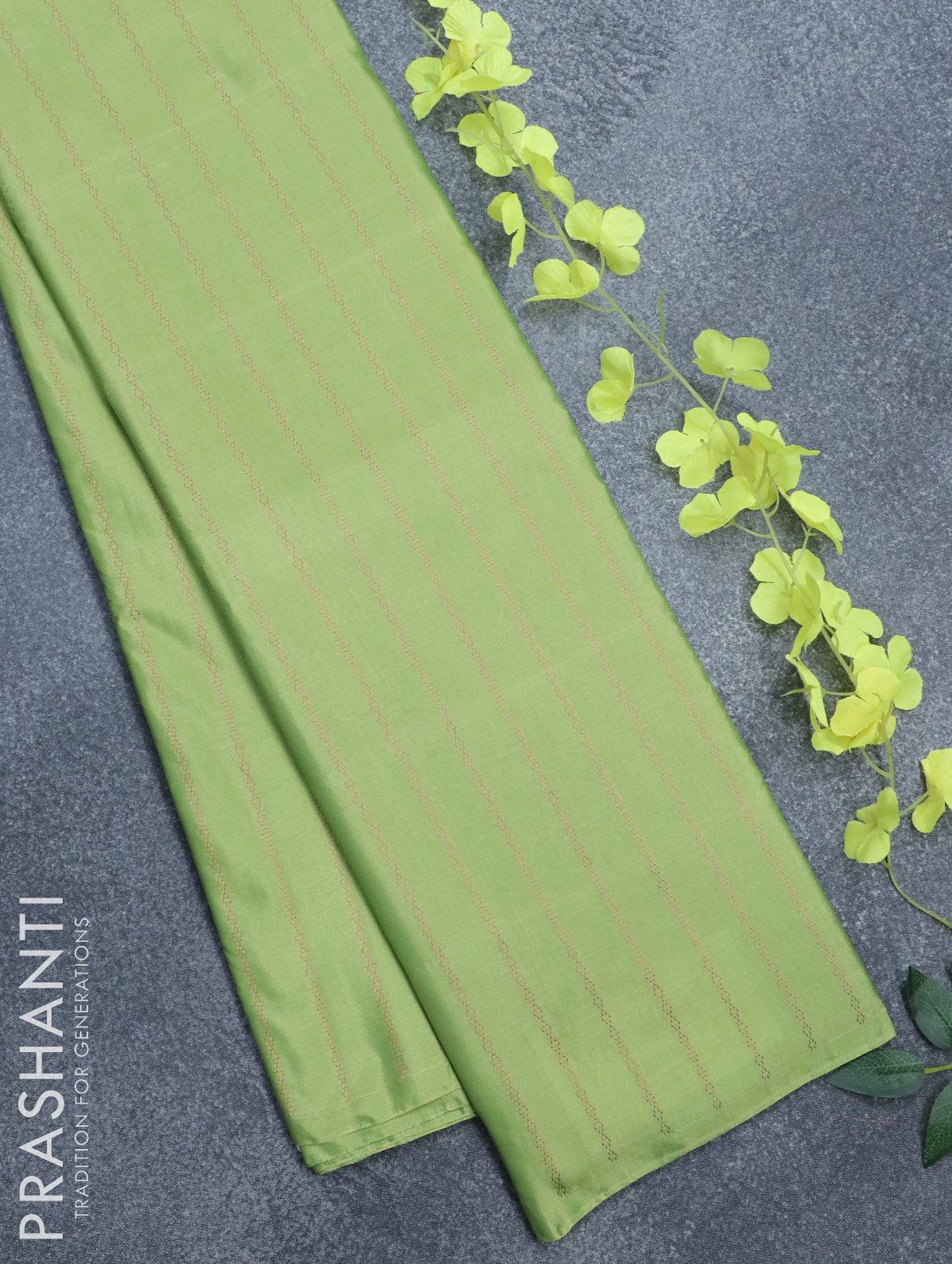 Arani semi silk saree light green and dual shade of yellowish pink with allover zari weaves in borderless style