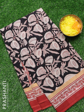 Assam silk saree black and maroon with allover prints and zari woven simple border