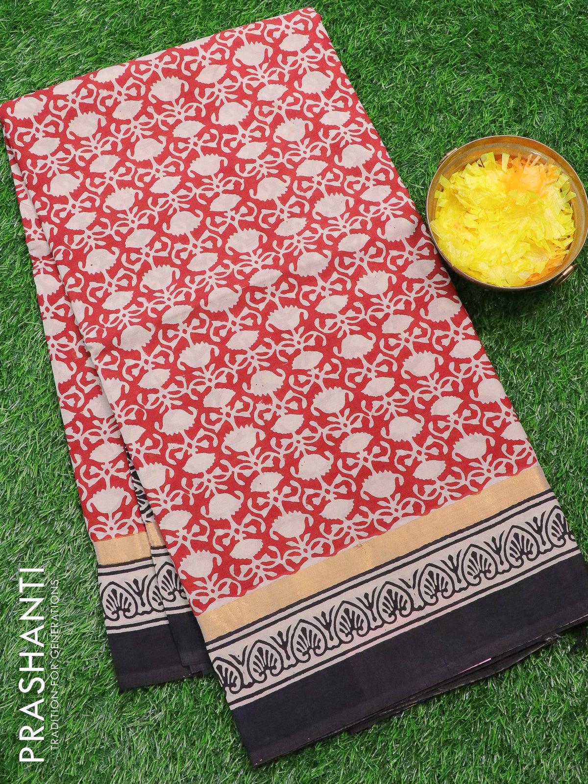 Assam silk saree red and black with allover prints and zari woven simple border