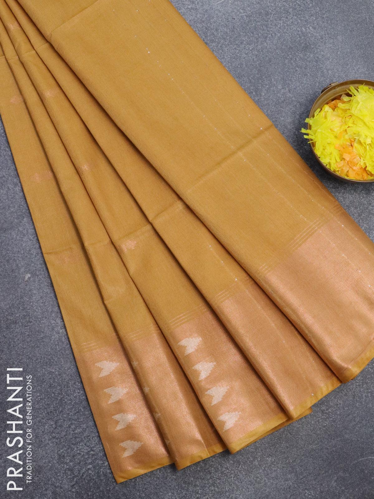 Bamboo silk saree mustard yellow with copper zari woven buttas and zari woven border