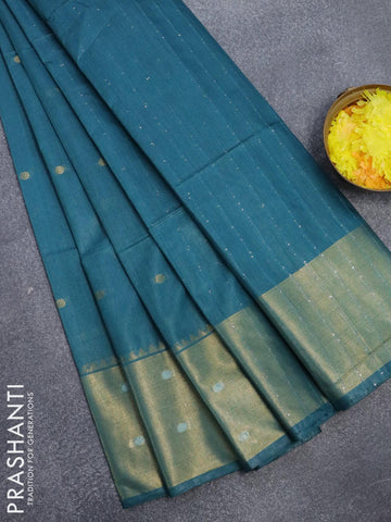 Bamboo silk saree teal blue with zari woven geometric buttas and zari woven border