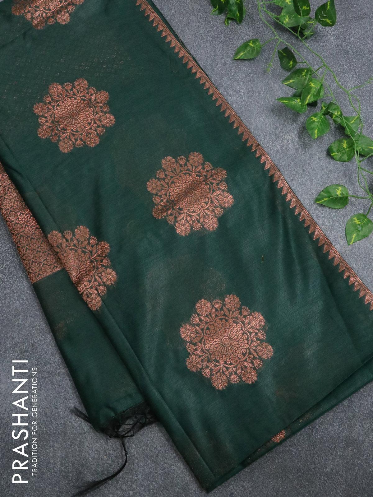 Banarasi cotton saree bottle green with copper zari woven buttas and piping border