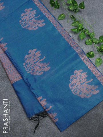 Banarasi cotton saree cs blue with copper zari woven buttas and piping border