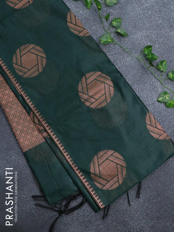 Banarasi cotton saree dark green with copper zari woven buttas and piping border