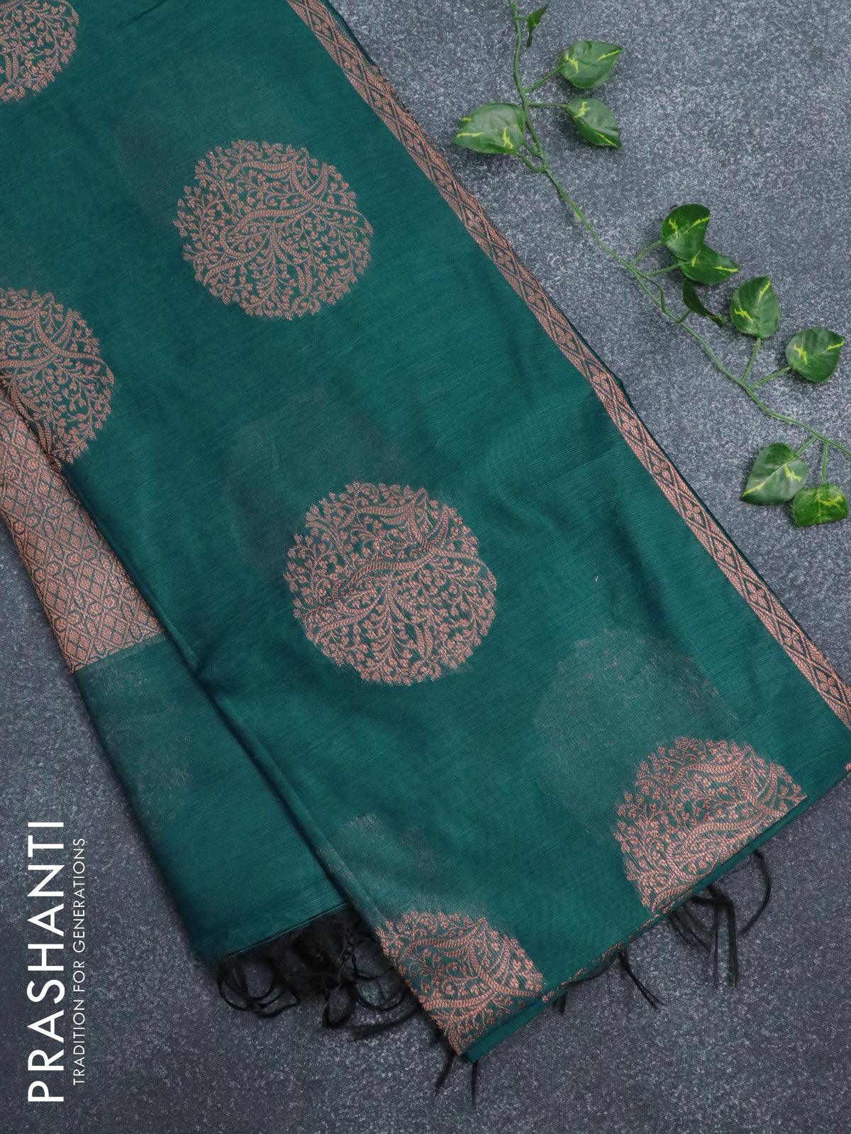 Banarasi cotton saree peacock green with copper zari woven buttas and piping border