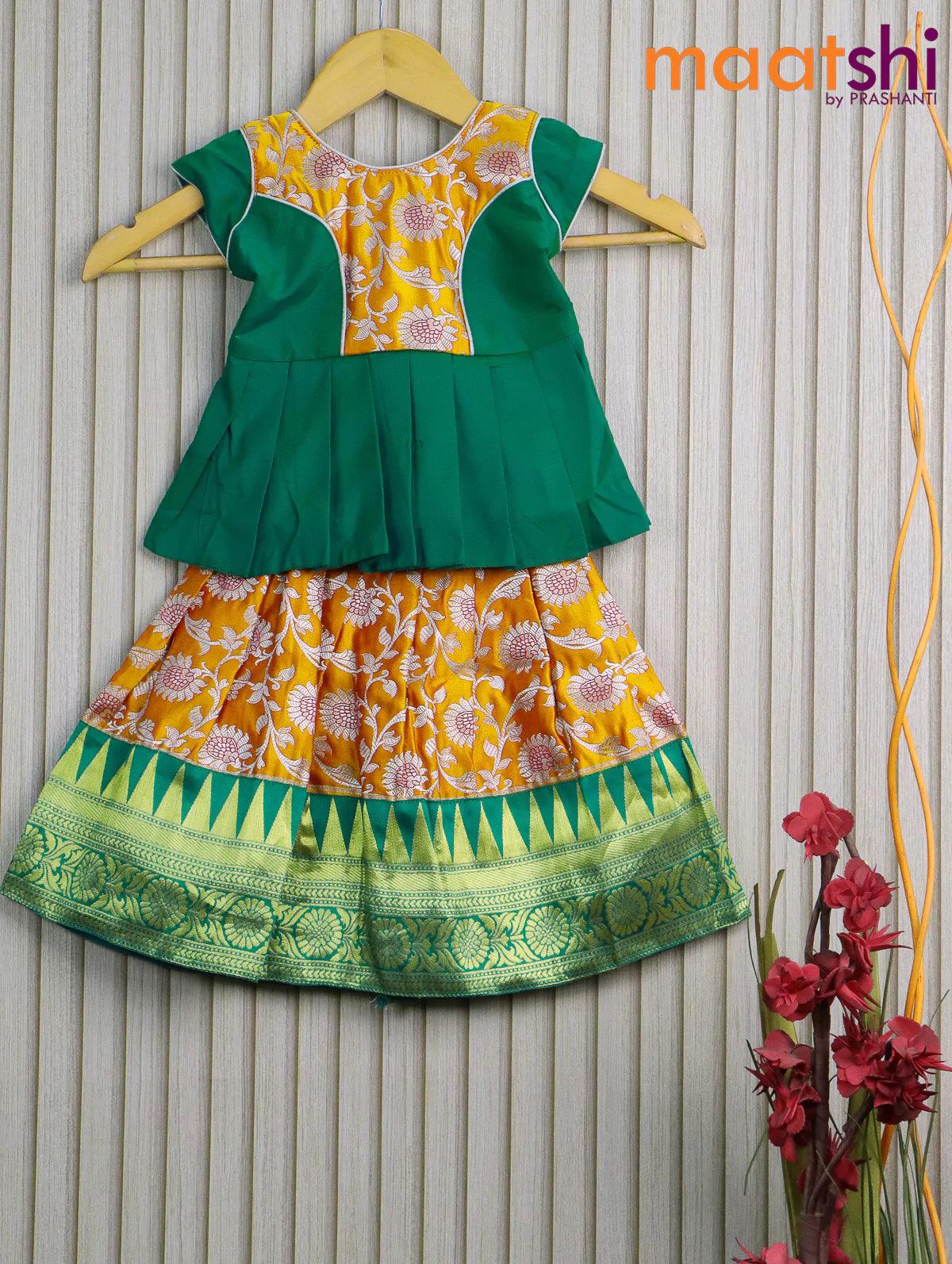 Banarasi kids lehanga dual shade of green and mango yellow with patch work neck pattern and self emboss zari buttas & temple design zari border for 0 year