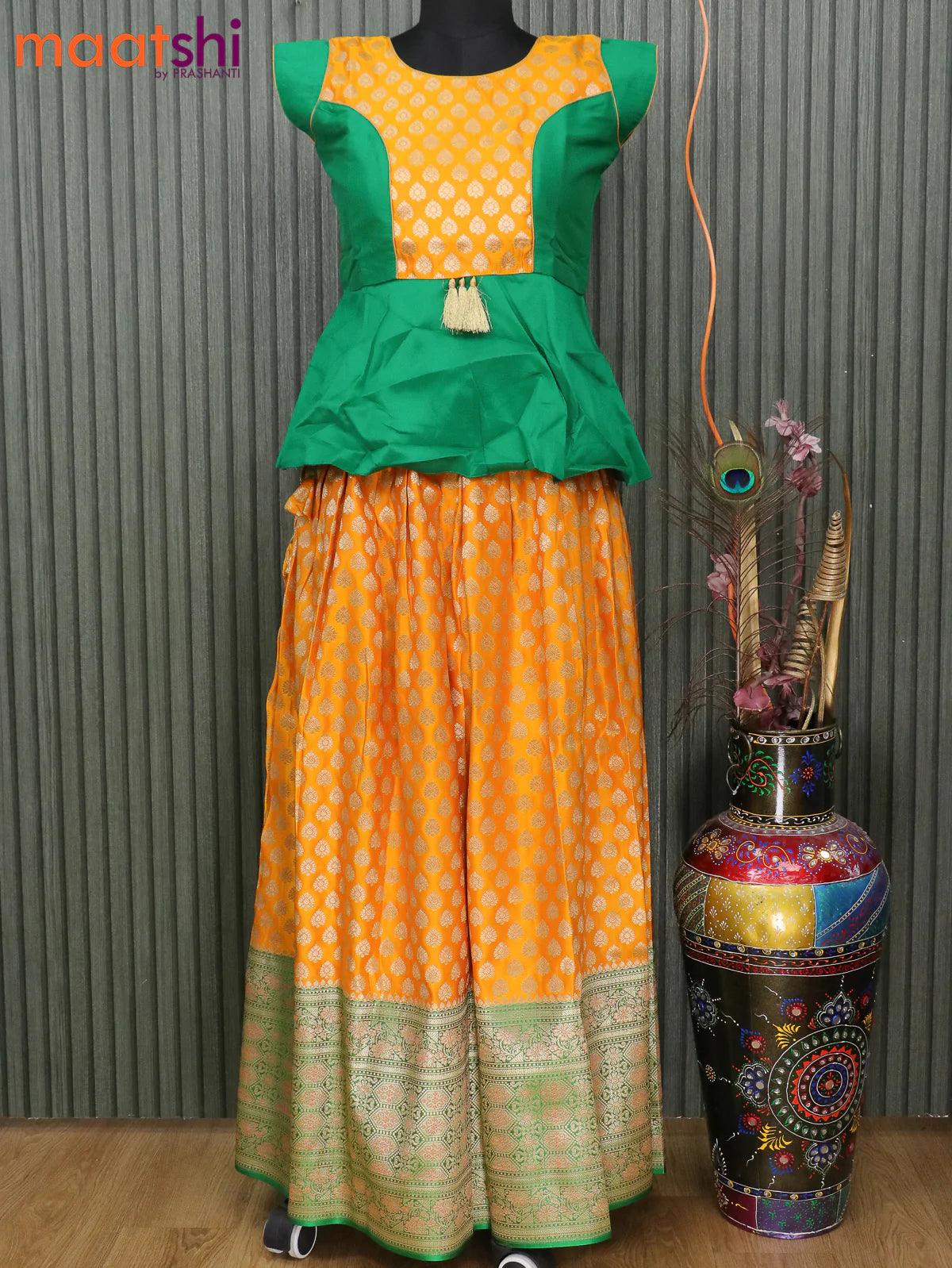 Banarasi kids lehanga green and mango yellow with patch work neck pattern and zari woven buttas & long zari border for 13 years