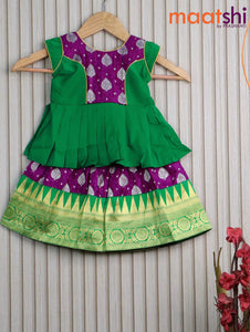 Banarasi kids lehanga green and purple with patch work neck pattern and self emboss zari buttas & temple design zari border for 0 year